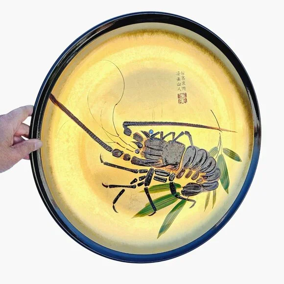 Vintage Japanese Ise-Ebi Lobster Gold Leaf Lacquer Platter 19" Signed - Picture 11 of 15